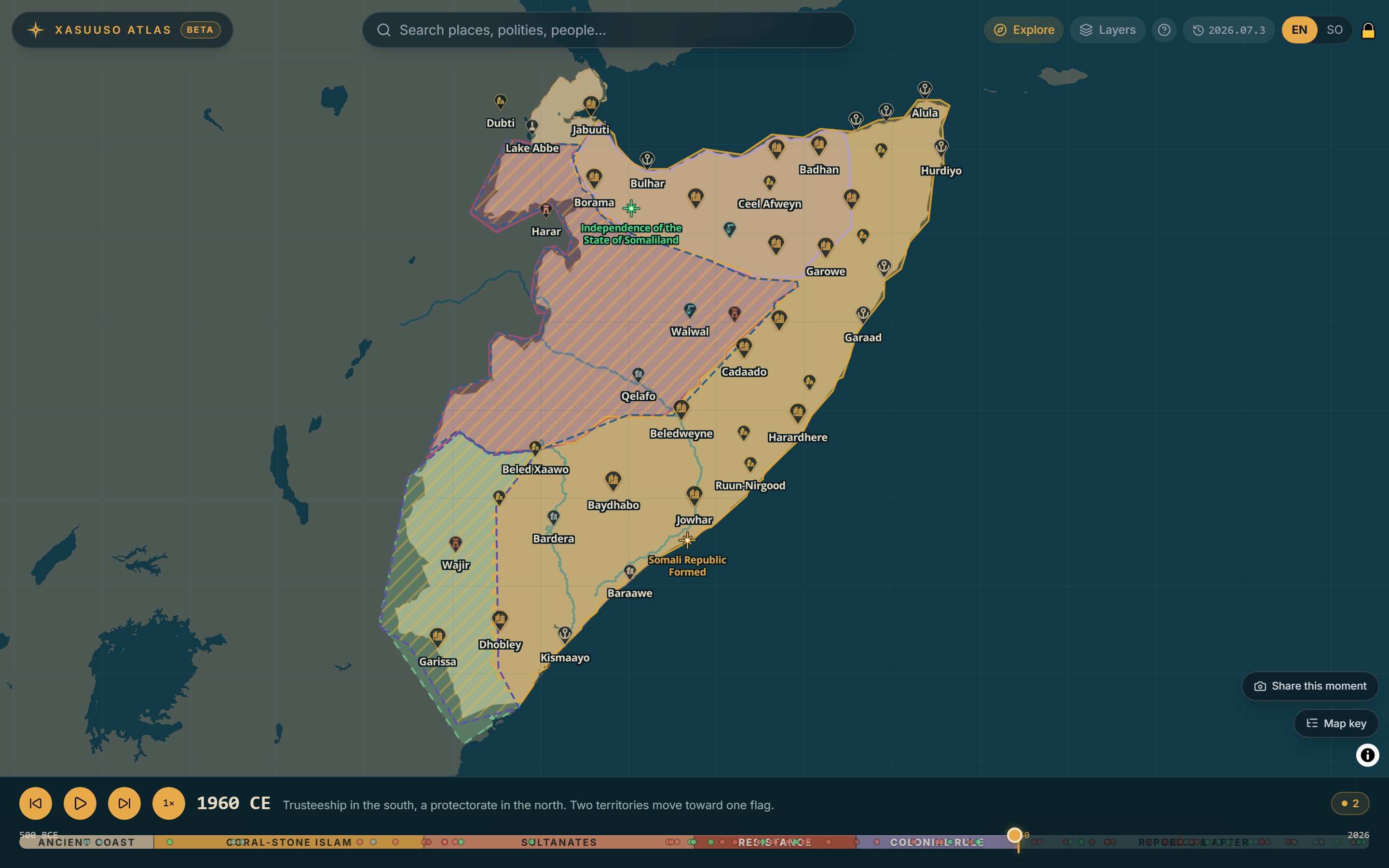 The Xasuuso Atlas map in 1960: the trust territory, the protectorate and their neighbours drawn in colour, with the timeline set to independence year