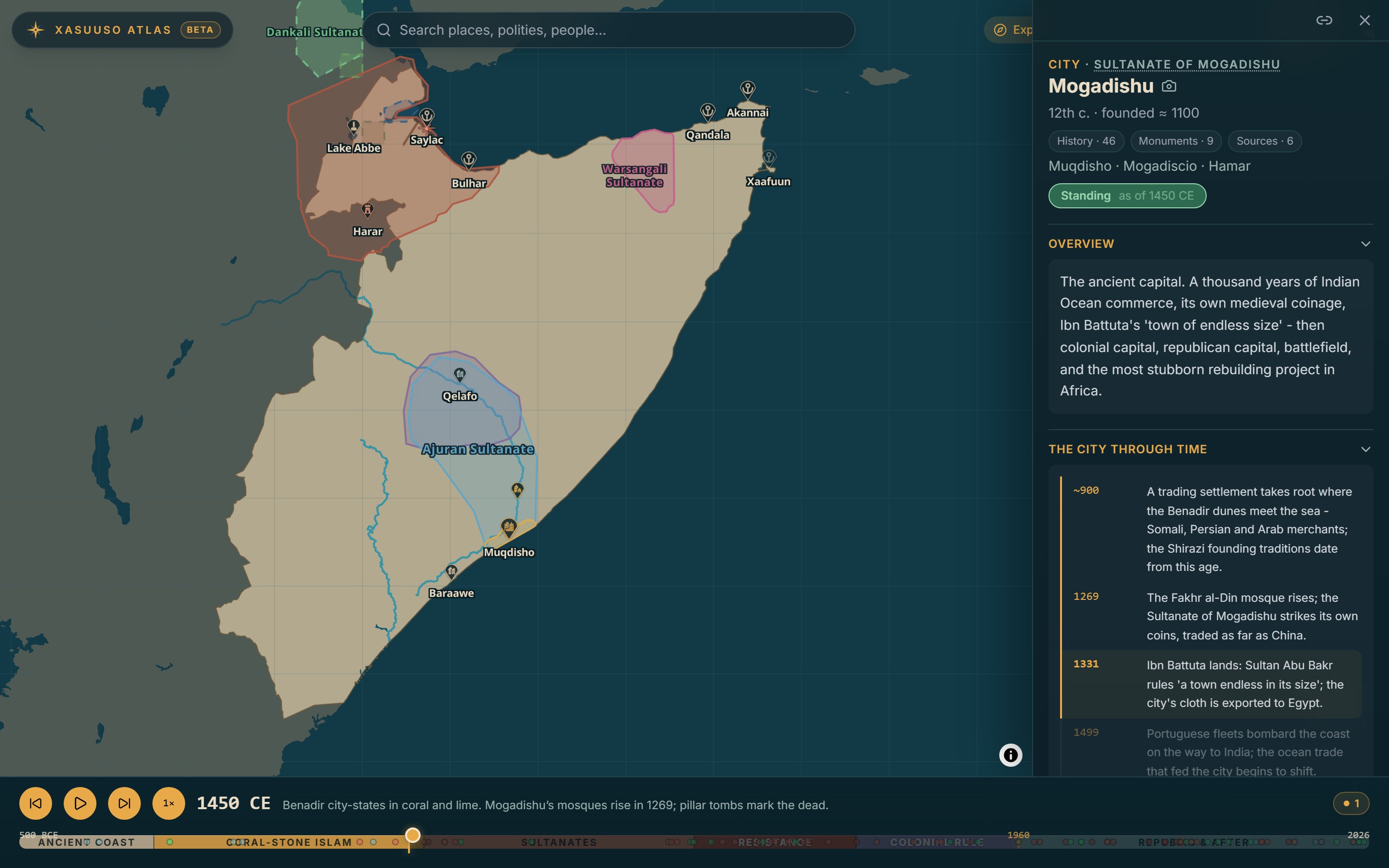 The Mogadishu dossier open beside the map in 1450: overview, a dated city-through-time feed, and the Ajuran Sultanate drawn on the coast