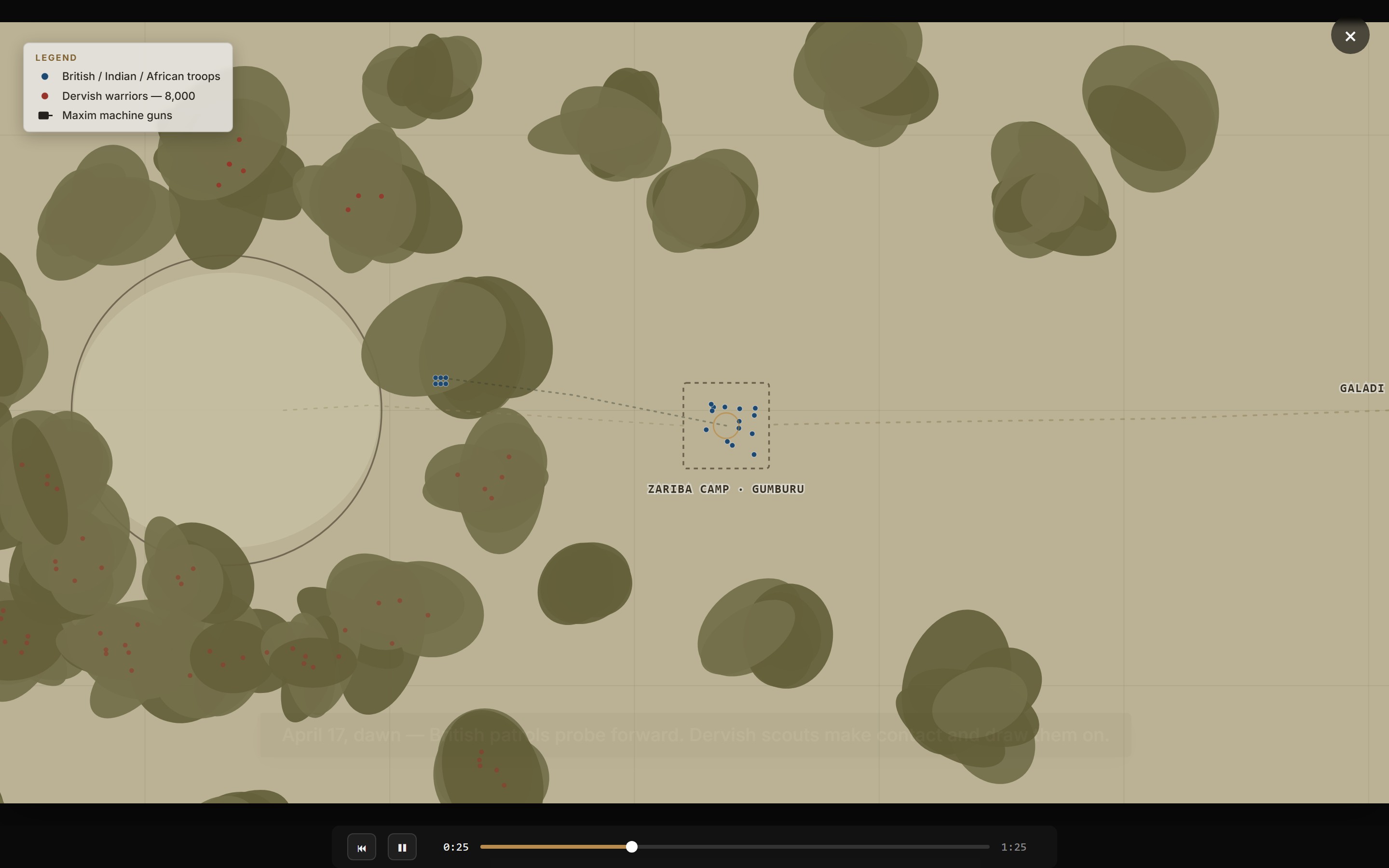 The Battle of Gumburu animation mid-play: 224 men forming a defensive square in a clearing ringed by dense bush, April 1903