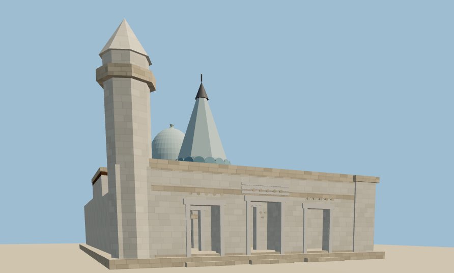 First-person view outside the rebuilt Fakhr ad-Din Mosque of 1269: whitewashed coral-stone walls, three framed doorways, the fluted cone and dome behind the parapet, and the minaret against a clear sky
